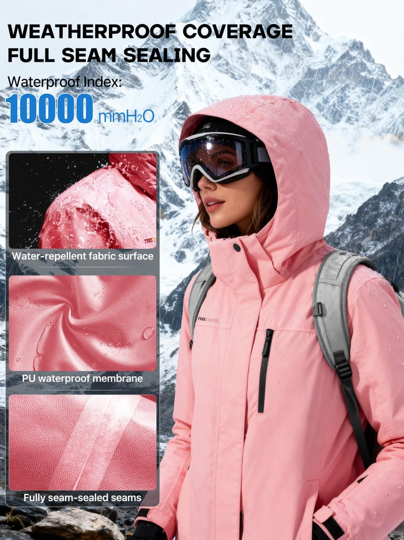 FREE SOLDIER Women's Waterproof Ski Snow Jacket Fleece Lined Warm Winter Rain Jacket with Hood Fully Taped Seams(Pink,L) - Image 5